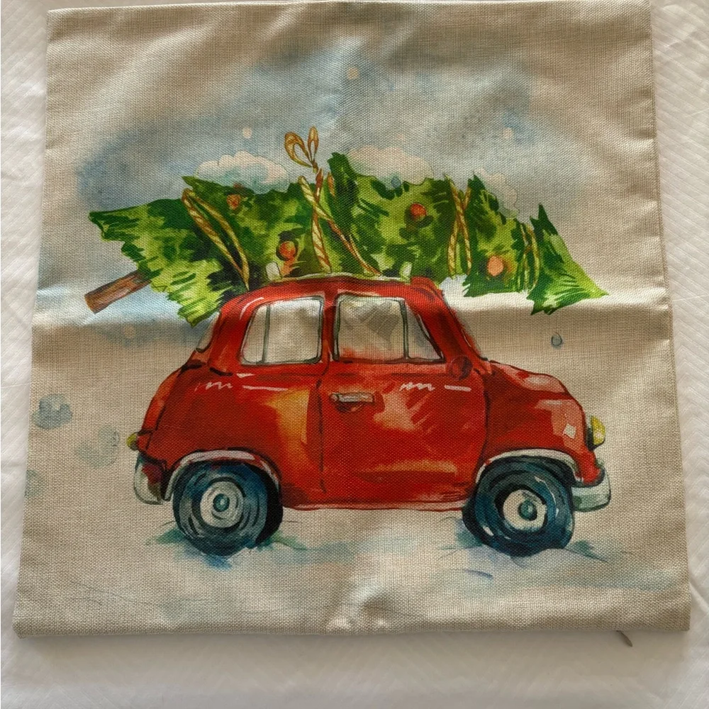 Christmas Decorative Throw Pillow Cover Beige Red Car Christmas Tree 17x17